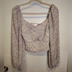 Astr Women's Purple Ditsy Floral Milkman Plisse Cropped Top Sz S Cottagecore